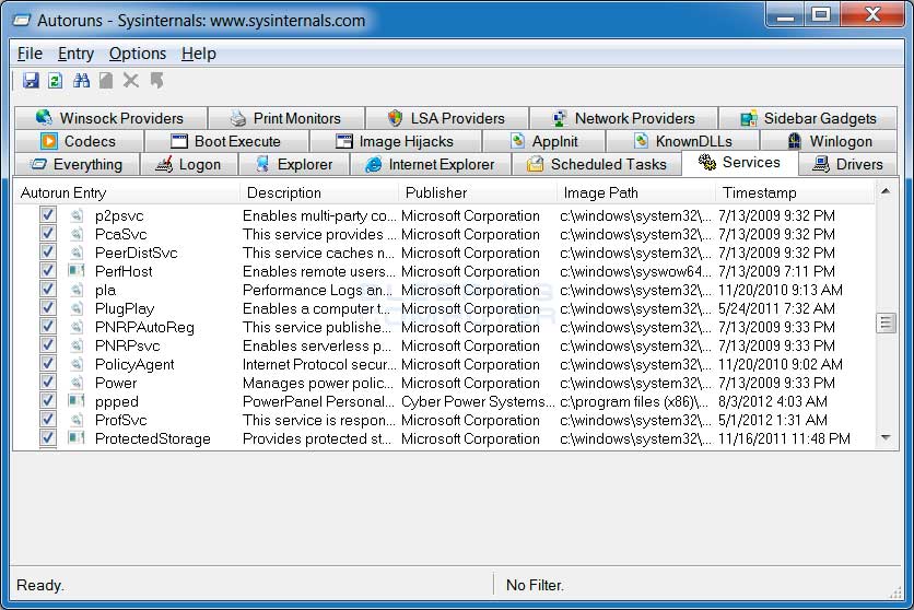 Autoruns Services 标签截图,展示服务名称、描述、发布者和 Image Path